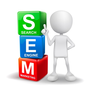 acronym SEM on 3 verticle cubes with the word search on the s cube engine on the E cube and marketing on the M cube with an illustration meant to be a person pointing to the 3 verticle cubes